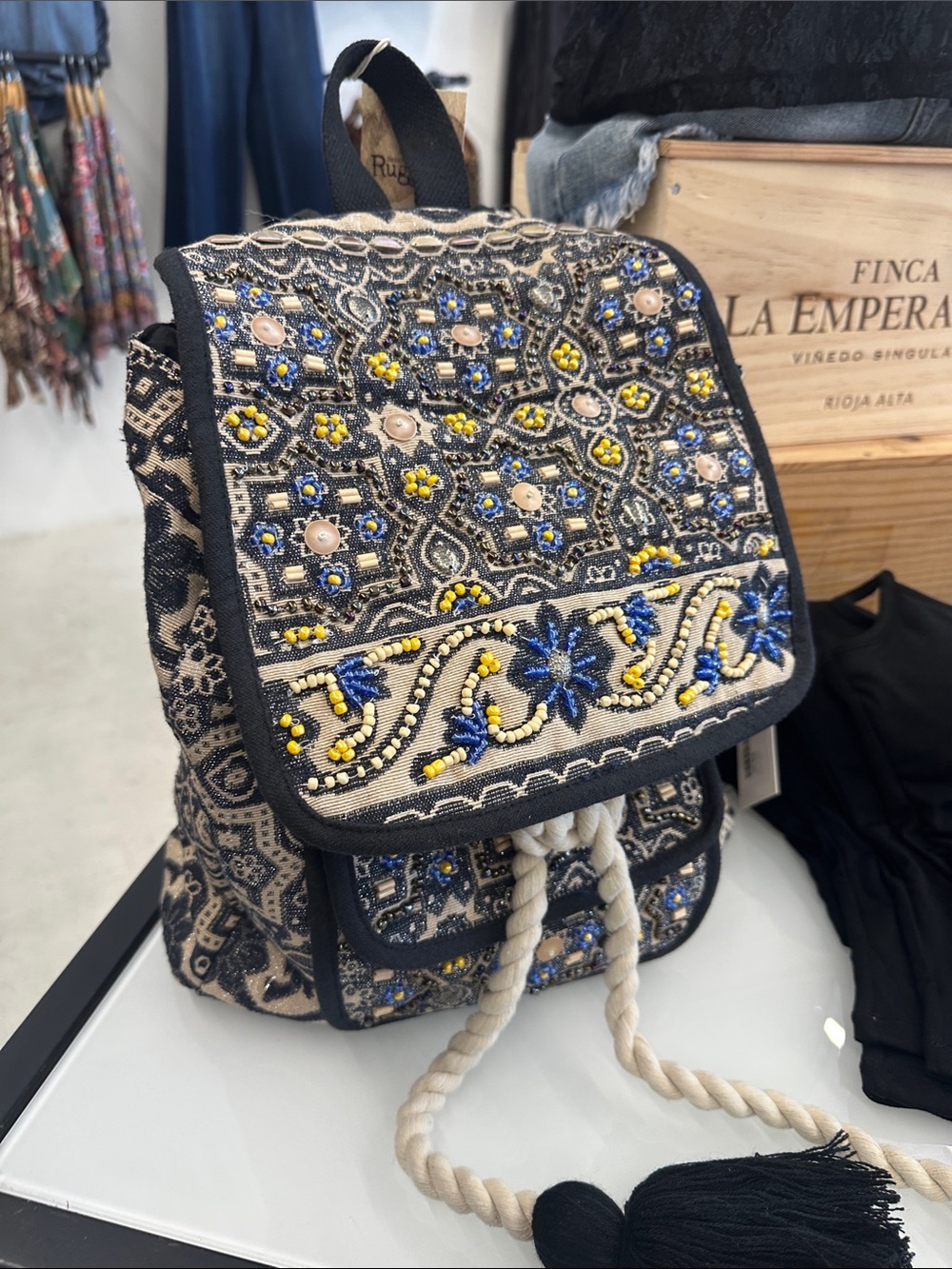 Embroidered Boho Backpack — Blue, Yellow & Cream Rope Drawstring - Picture 3 of 4